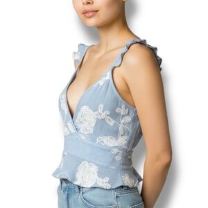 SAGE The Label Baby Blue Embroidered Boho Fairy Flutter Halter Tie Top sz XS